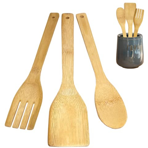 World Trade Juego de utensilios de cocina de madera de bambú - Kit de 3 accesorios de cocina antiarañazos (pala para cocina, cuchara de madera, cuchara) - Utensilios de cocina de bambú natural
