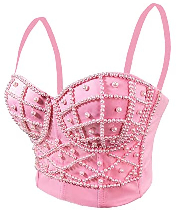 Woboren Damen Strass Push Up Bustier Crop Top Gothic Punk Korsett Clubwear Party BH