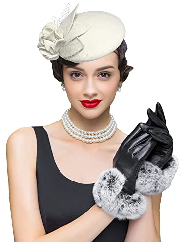 RZTA Damen Vintage 100% Wollfilz Cloche Eimer Bowler Hut Winter Vintage Schleife Fedoras Kirche Fascinator, 02-weiß, Einheitsgröße