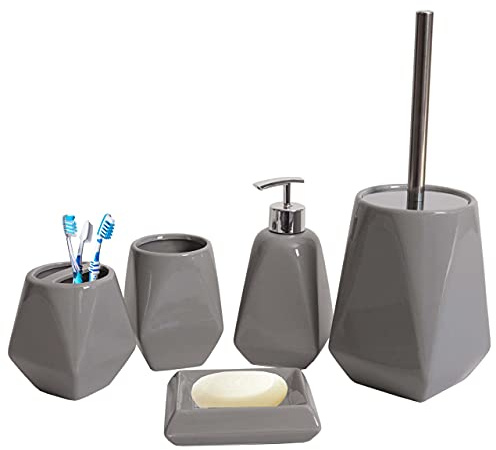 Mendler 5-teiliges Badset HWC-C71AM Keramik - grau | WC-Garnitur, Badezimmerset, Badaccessoires