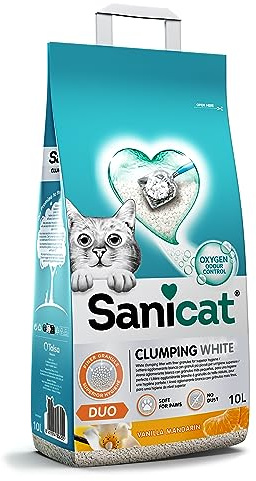 Sanicat - Litière pour Chats agglomérante Blanche - Parfum de Vanille et Mandarine, Fabriquée à partir de minéraux naturels avec contrôle d'odeur, Capacité de 10 L