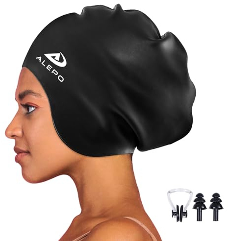 Alepo Bonnet de bain extra large pour homme et femme - En silicone durable - Avec protection des oreilles - Unisexe - Pour dreadlocks - Pour extensions de cheveux afro - Noir