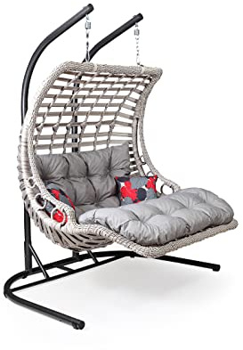 Alveon Hängesessel mit Gestell & Kissen mit Schutzhülle Handgeflechtet Hängestuhl Rattan Hängematte Hängekorb Garten Balkonmöbel Hängeschaukel Bodrum Double(Weiß)