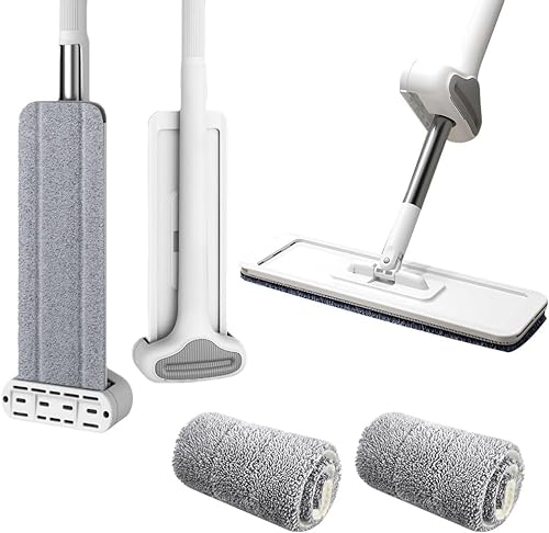 Selbstreinigender Flachmopp für Faule, Großer Flachmop im Neuen Stil, Bodenwischer Wischmopp mit Auswringfunktion, Flacher Wischmopp 360° Drehgelenk Bodenwischer Set Flachmopp mit Mikrofaser-Wischpads