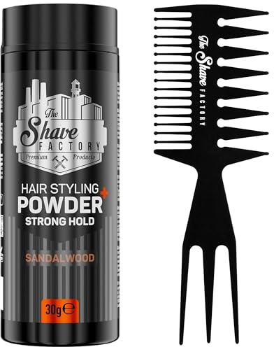 The Shave factory Haarstyling-Puder – Mattierendes und Volumen-Puder, mit Kammtypen für alle Einsatzbereiche, Haarkamm und Puderwachs (Comb 034 & Strong Hold Styling Powder 30gr)