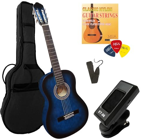 4/4 Gitarre im Set - Konzertgitarre - Classic - Lindenholz - Stimmgerät - Tasche - Band - Saiten - 3xPleks (Blau)