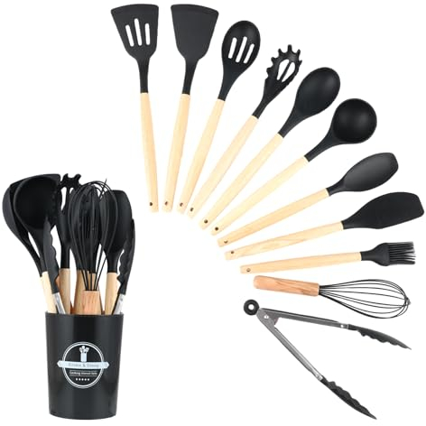Wenrescry Juego de Utensilios de Cocina de Silicona de 12 Piezas | Utensilios de Cocina de Silicona Resistente al Calor con Cubo para Guardar Utensilios de Cocina Antiadherentes (Negro)