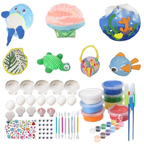 TGFIX 60tlg Muscheln Bemalen Bastelset für Kinder Muschel zum Basteln mit Acryl und Leuchtende Farben Ton DIY Kunsthandwerk Kreativset Geschenke für Junge Mädchen 5 6 7 8 9 10 11 12 Jahre