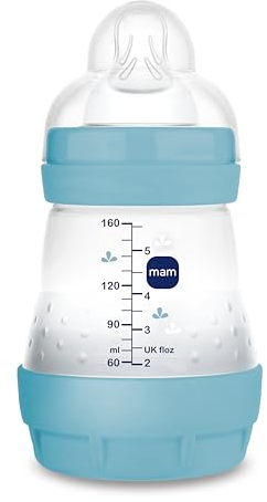 MAM Biberon Easy Start 160 ml, Biberon anticolica per allattamento misto che riduce le bolle d'aria e il rischio di coliche, Accessori neonati autosterilizzanti e con tettarella misura 1, Azzurro