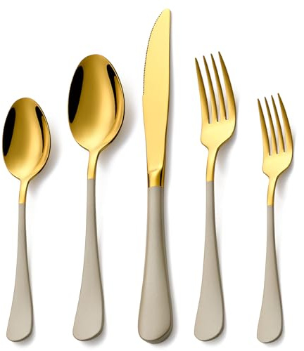 Lekoton 20 Piece Gold and Grey 18/0 Flatware Utensil Set for 4, Include Dinner Knife,Dinner Forks,Dinner Spoons,Salad Forks,Teaspoons,Silverware Set for 4, Dishwasher Safe