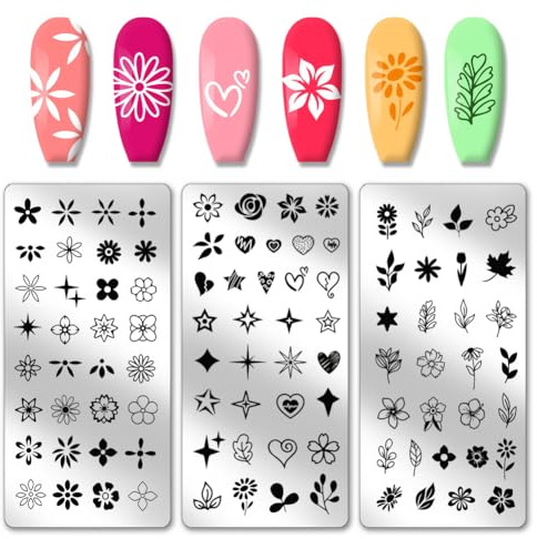 PH PandaHall 3pcs tampon à Ongles en Forme de Fleur Plaque D'Estampage D'Ongles en Forme de Feuilles D'Étoile Pochoirs D'Impression D'Ongles Plaques D'Image D'Ongles en Acier Inoxydable pour Nail Art