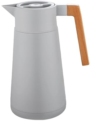 Pichet Isotherme Bouteille Sous Vide Isolé, Acier Inoxydable, Avec Manche En Bois, Carafe à Café Thermique Pour Le Thé Café Chaud Et Froid, Pour Hôtel Bureau Domicile (Gris,2L)