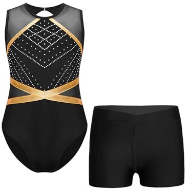 Xnihocha Mädchen Turnanzug Glitzer Gymnastikanzug Ärmellos Sportbody Leotard Ballett Trikot mit Shorts Ballettanzug Wettkampf Tanzkostüm Schwarz 134-140
