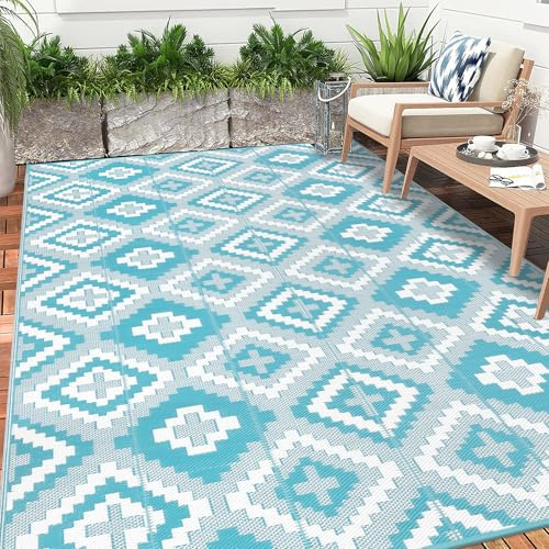 Enyhom Groß Außenteppich 240 x 300 cm, Robuster Flachgewebe Kunststoff Picknickdecke, Wendbarer UV-beständige Campingmatte, Wasserdicht Farbecht Balkonteppich für Outdoor RV Camping, Türkis