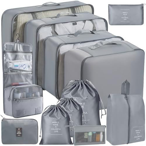 SaiXuan 12-teiliges Koffer Organizer Set, Kleidertaschen, Verpackungswürfel mit Kosmetiktasche, Schuhbeutel, Packing Cubes Set, Kofferorganizer, Packtaschen Set für Urlaub und Reisen (Grau)