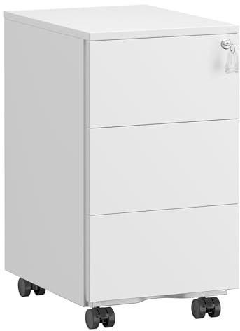 SONGMICS Lådskåp, Mobilt arkivskåp, Metallskåp, Skrivarbord, Låsbart, 3 lådor, Förmonterat, Kontor, Hemmakontor, 40 x 30 x 54 cm, Mattvit OFC079W01