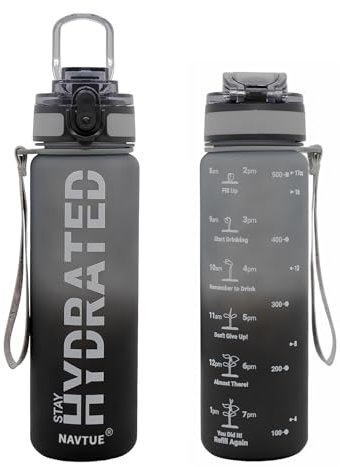 NAVTUE 500ml Water Bottle, BPA-Free, Time Markings, Leak-Proof Sports Drinking Bottle for Fitness, Cycling, Office, Running, Gym, Yoga (DarkBlackGray)