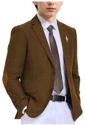 Stillluxury Chaqueta de tweed de espiga para niño con parche en el codo, solapa de muesca de un solo botonadura, abrigo deportivo formal, Marrón colorido, 14 años