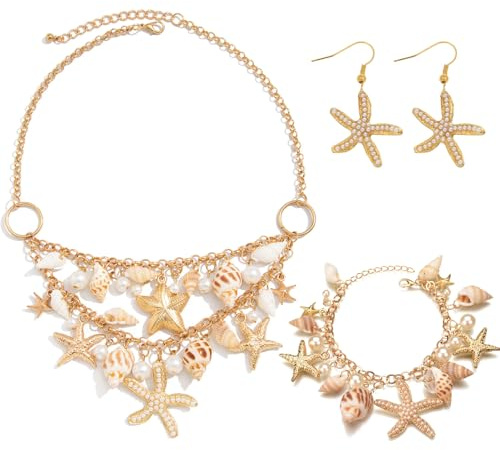Glowjoy Frauen Meerjungfrau Kostüm Schmuck Set, Seestern Muschelkette Armband Ohrringe Haarspange, Muschelkette Armband Set, Seascape Fotografie Zubehör, für Meerjungfrau Kostüm Damen Karneval