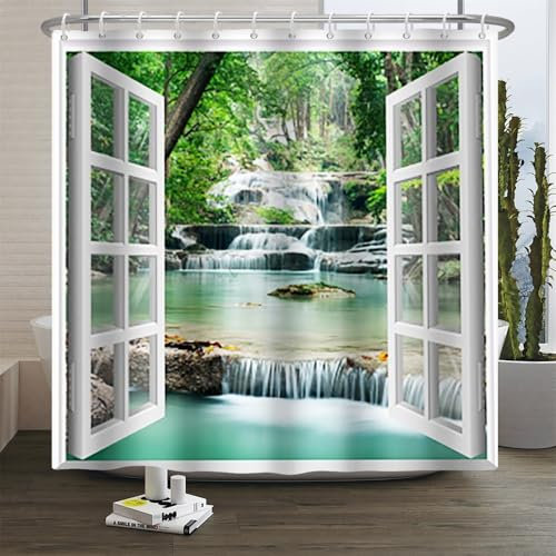 Xiaoterna 3D Cascata Tenda da doccia Vista finestra scenario esterno tenda da bagno Estate paesaggio naturale Piante tropicali Resistente alla muffa Lavabile Decorazione del bagno di casa 240x180cm