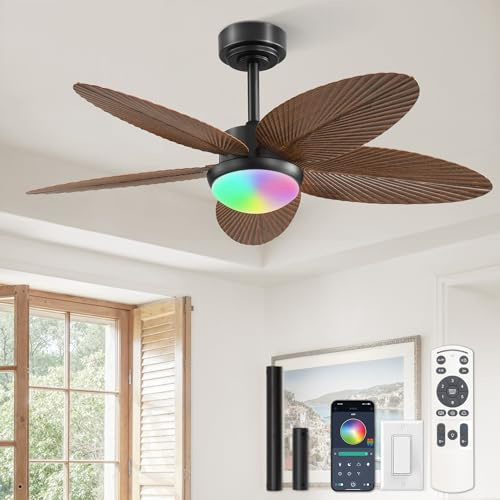 Fanbulous Tropical Ceiling Fans with Lights and Remote/APP Control, 42 Inch Palm Leaf Ceiling Fan with RGB Dimmable Light, Noiseless Modern Ceiling Fan for Bedroom, Indoor/Outdoor Patio Use