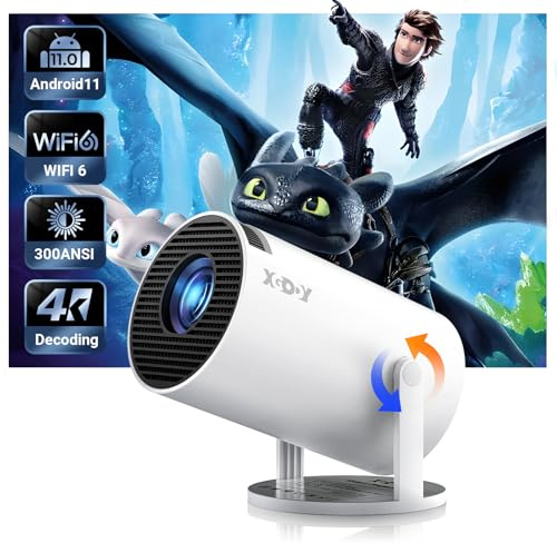 [2025 Upgraded & Android 11.0] Mini Beamer Native 720P HD, unterstützt 4K 1080P, Xgody Gimbal 3 new Tragbarer Projektor 12000 Lumen, WiFi 6, Bluetooth, Auto Keystone, Videoprojektor für Heimkino(weiß)