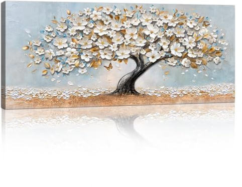 Grande Madera Blanco Oro Floral Cerezo Árbol Cuadros Decoracion Salon Modernos, Abstracto Flor Floral Lienzos Decorativos Pintura Posters Para Pared Para Dormitorio Cocina Comedor Colgar 120x50cm