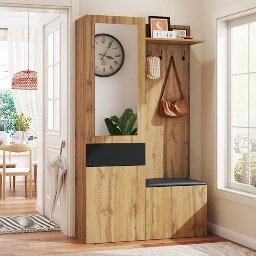 SogesHome Flurgarderobe Set mit Spiegel, Schuhbank, Hochschrank, Ablagefächern und Kleiderhaken – Garderobenset aus Holzdekor Eiche für den Eingangsbereich