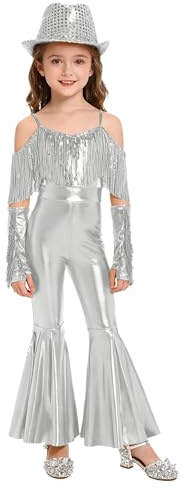 Jugaoge Flickor, konstläder, jumpsuit, ärmlös, overall, smal passform, stretch, koppel för bröllop, fest, födelsedag, onepiece, body med långa byxor, bell-bottenbyxor, Silver A, 146-152