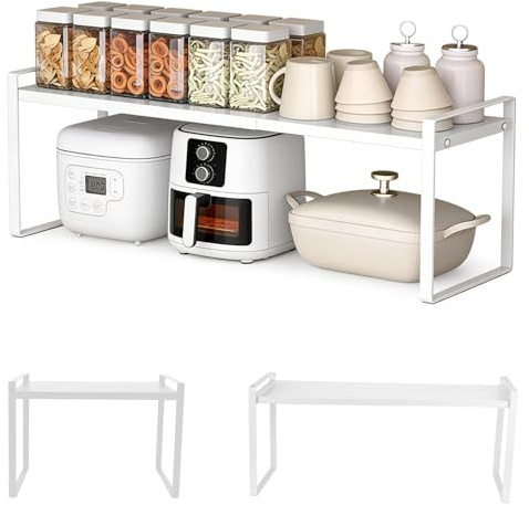 Étagère extensible - Étagère de cuisine empilable pour armoire de cuisine et plans de travail, étagère à micro-ondes, étagère de garde-manger, étagère à épices, étagère de rangement, longueur 35 à 65