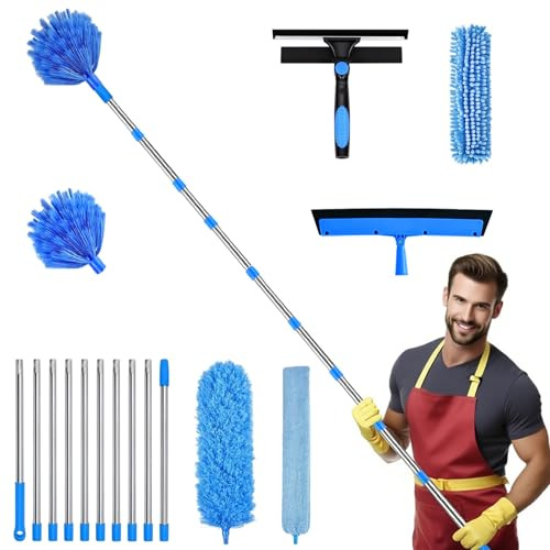 4.2M(13.7FT) Long Reach Window Cleaner Kit with Extension Pole and Squeegee | Multi-Function Cleaning Equipment, Window Cleaning Kit, Cobweb Brush, Duster & Gap Brush for High Windows, Car Glass