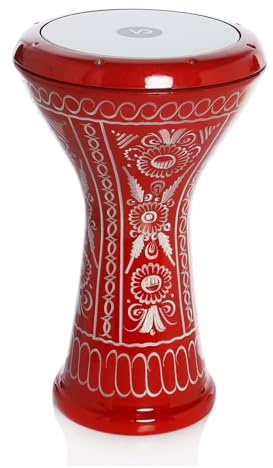 Corsaro Music Darbuka Doumbek turco de aluminio fundido, rojo con patrón decorativo, cabeza de 8.5 pulgadas, lengüetas de afinación, cabeza extraíble, funda de transporte y llave de ajuste incluida