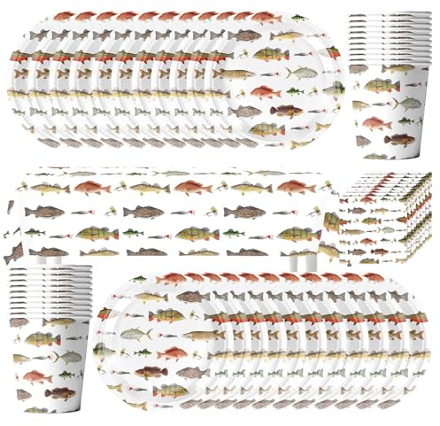 Set da 61 pezzi per feste a tema pesca, composto da tovaglioli, bicchieri di carta, tovaglie e piatti di carta, adatto per una festa di compleanno con 20 persone