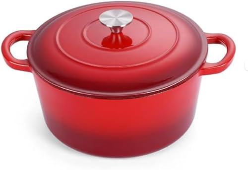 VG® Cast Iron Dutch Oven 5L Casserole Pot with lid Enameled Cast Iron Pot Dual Handle Cookware Baking Bread,Braiser,Soup,Meat, Stews,Oven Safe 500° F Non Stick Easy Clean Red 26cm Self Braising Lid