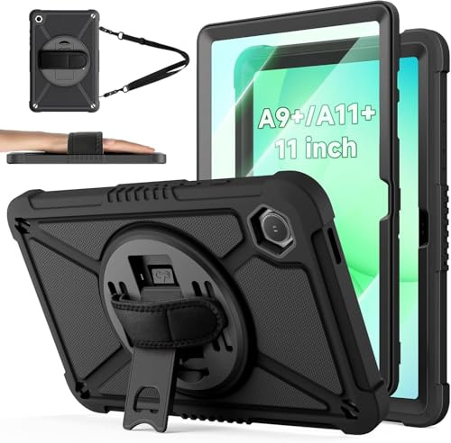 COVER 360 Case for Samsung Galaxy Tab A9 Plus/A11 Plus 11 Inch, Shockproof with Screen Protector, 360 Rotating Hand Strap, Stand and Shoulder Strap, Black MAMAMIGO
