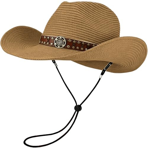 HEYANN Chapeau de cowboy en paille pour homme et femme - Chapeau de soleil pliable - Coupe-vent - Avec mentonnière - Respirant - Protection UV - Pour plage, jardin et extérieur