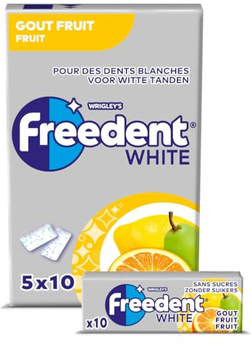 FREEDENT WHITE - Chewing Gum Sans Sucre - Goût Fruit - 5 Paquets de 10 Dragées - 70g