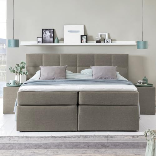 3F FURNITURE FOR FRIENDS Boxspringbett Bea 200x200 cm Beige/Grau Härtegrad H2/H3 | 7-Zonen Taschenfederkern Matratze + Visco Topper