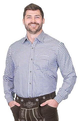 Dirndl Trachten Haus German Blue Plaid Lederhosen Longsleeve/Shortsleeve Button Down Shirt (US, Alpha, Large, Regular, Regular, Blue)