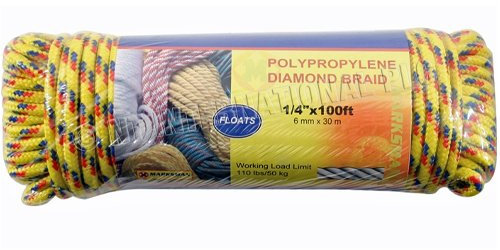 Utility Rope - 6mm X 30m 100ft 1/4 Diamond Braid Polypropylene Multi Purpose | Heavy Duty Rot And Tear Resistant | Working Load Limit: 110 Lbs/50 Kg
