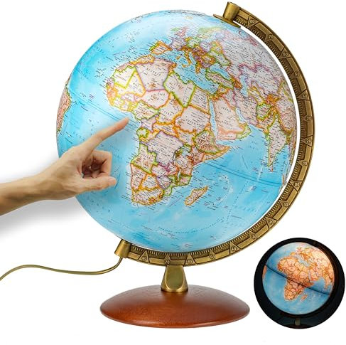 National Geographic - Mappamondo illuminato in stile Classico -30 cm con base stabile e meridiano in metallo, immagine della mappa 2022 fisica/politica con luce LED, immagine della mappa italiana