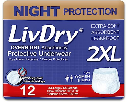 LivDry 2XL Overnight Adult Diapers for Women and Men, XXL Incontinence Underwear, 60”-80 Waist, Disposable Pull-On Briefs, XX-Large, 12 Pack