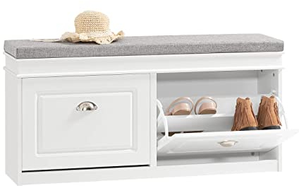 SoBuy Meuble Chaussure Rangement Chaussure Banc Chaussures Entrée - 2 Abattants avec Coussin Amovible, Coffre de Rangement Étagère pour Entrée Étroit Bois Laqué, L104xP24xH51cm, Blanc, FSR64-W