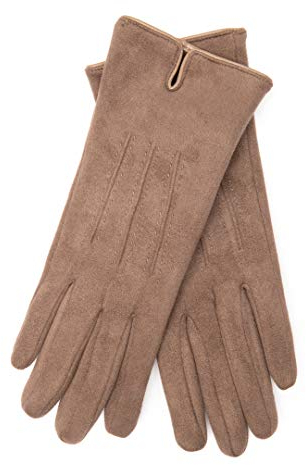 EEM Damen Handschuhe 100% vegan, Velours Optik, weiches elastisches Material, kuscheliges Teddyfleece, taupe onesize