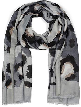 styleBREAKER Damen Schal mit Abstraktem Oversize Leo Print und kurzen Fransen, leichtes Tuch, Stola 01016207, Farbe:Grau-Schwarz