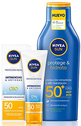 NIVEA SUN Protege & Hidrata Leche Solar FP50+ (1 x 400 ml) + Protección Facial UV Anti-Edad & Anti-Manchas FP50