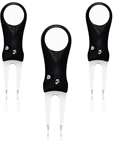 LOVMEAD 3 Stück Golf Pitchgabel mit Golfball-Marker, Faltbare Edelstahl Golf Divot Tool Golf Divot Reparatur Werkzeug, Golf Training Zubehör für Golf Reparaturzubehör(Schwarz 3 Stück)