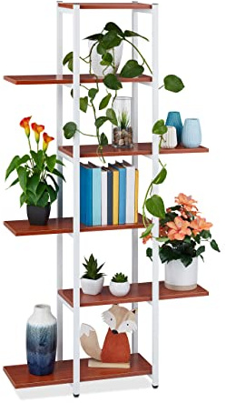 Relaxdays Blumenregal Metall, 6-stufige Indoor Blumentreppe, Holzoptik, HBT: 150 x 78 x 24 cm, Pflanzenregal, rotbraun