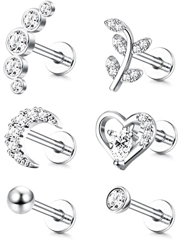 ADRAMATA 6Pcs 16G Cartilage Tragus Stud Earrings For Women Men Internally Threaded CZ Moon Heart Leaf Helix Conch Labret Monroe Ear Piercing Jewelry,S6
