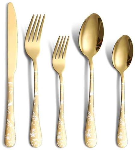 Jxkgenix Besteck Set, 4 Personen Essbesteck Set 20 teilig, Messer, Gabel, Löffel, Muster, Besteck Edelstahl Spiegelpoliert, Spülmaschinenfest (golden)